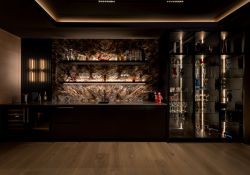 Luxury Home Theatre Bar with smoked glass cabinetry semi precious marble backsplash, bocci plugs, custom rift cut oak millwiork and led lighting