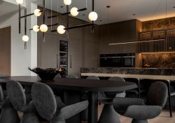 Lee Broom custom pendant installation above Italian craftsmanship,  Bonaldo dining table and chairs.