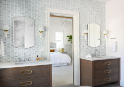 custom hers and hers vanities ocean glass mosaic tile mid century modern sconces brass accents