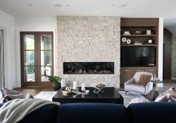 linear fireplace natural stone marble coffee table and velvet sofa