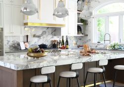 luxury kitchen design marble backsplash brass details rh pendants